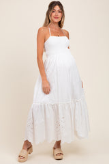White Smocked Open Back Lace Hem Maternity Maxi Dress