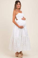 White Smocked Open Back Lace Hem Maternity Maxi Dress