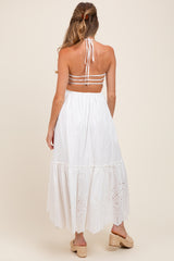 White Smocked Open Back Lace Hem Maternity Maxi Dress