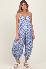 Royal Blue Printed Button Detail Maternity Jumpsuit