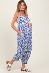 Royal Blue Printed Button Detail Maternity Jumpsuit