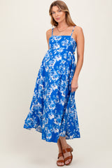 Royal Blue Floral Tie Back Cutout Maternity Midi Dress