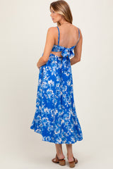 Royal Blue Floral Tie Back Cutout Maternity Midi Dress