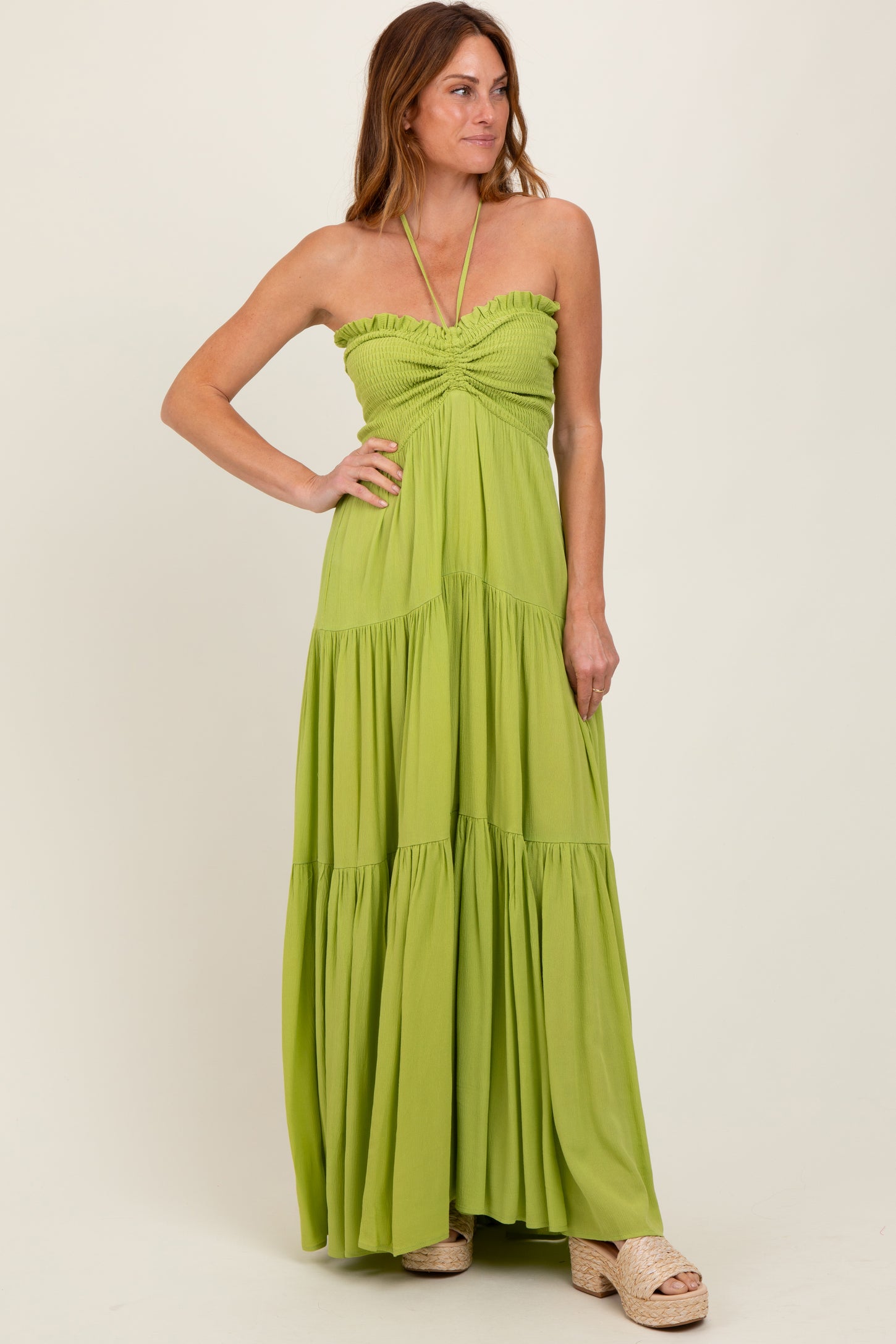 Lime Smocked Halter Tiered Maxi Dress