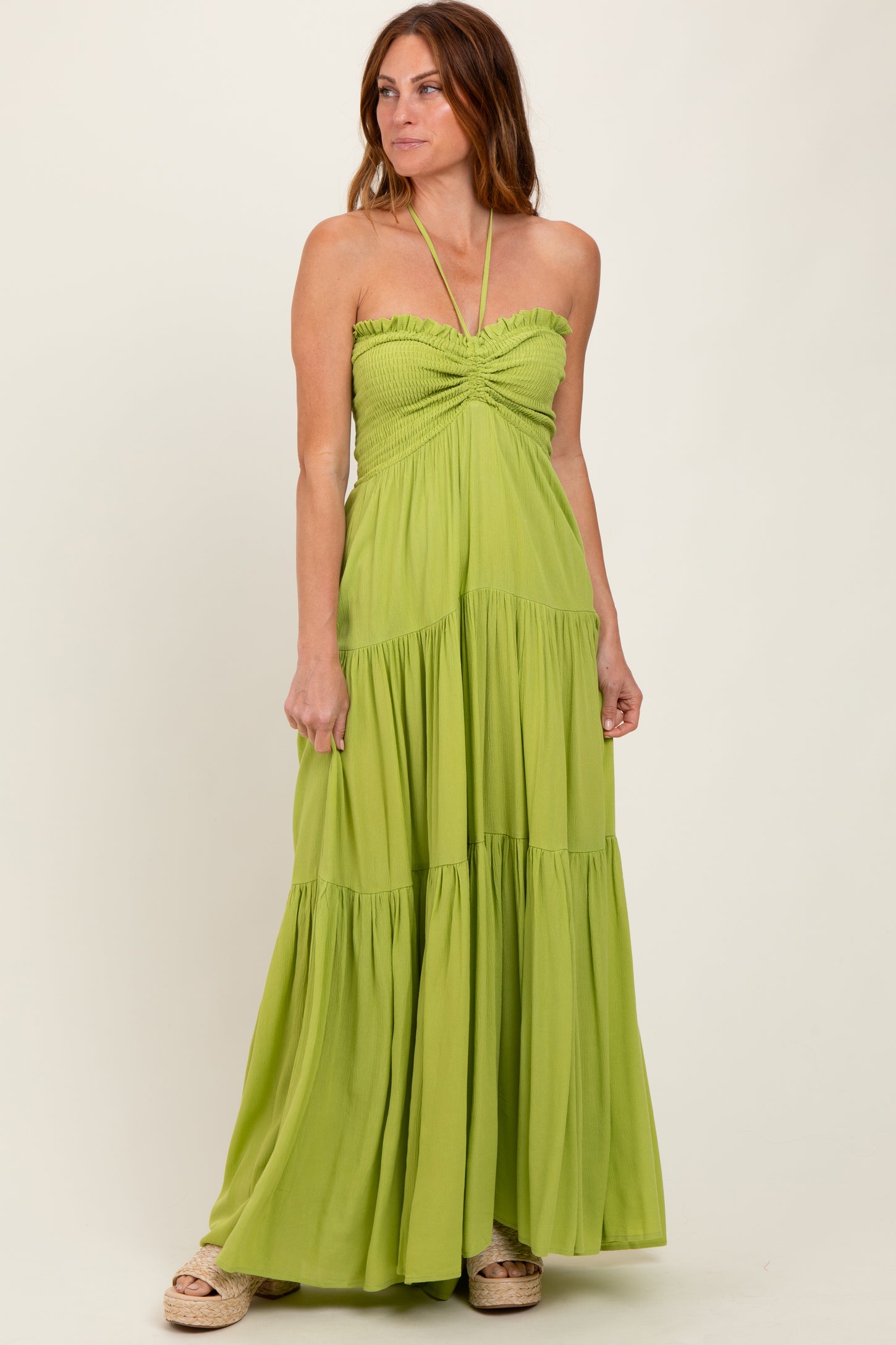 Lime Smocked Halter Tiered Maxi Dress