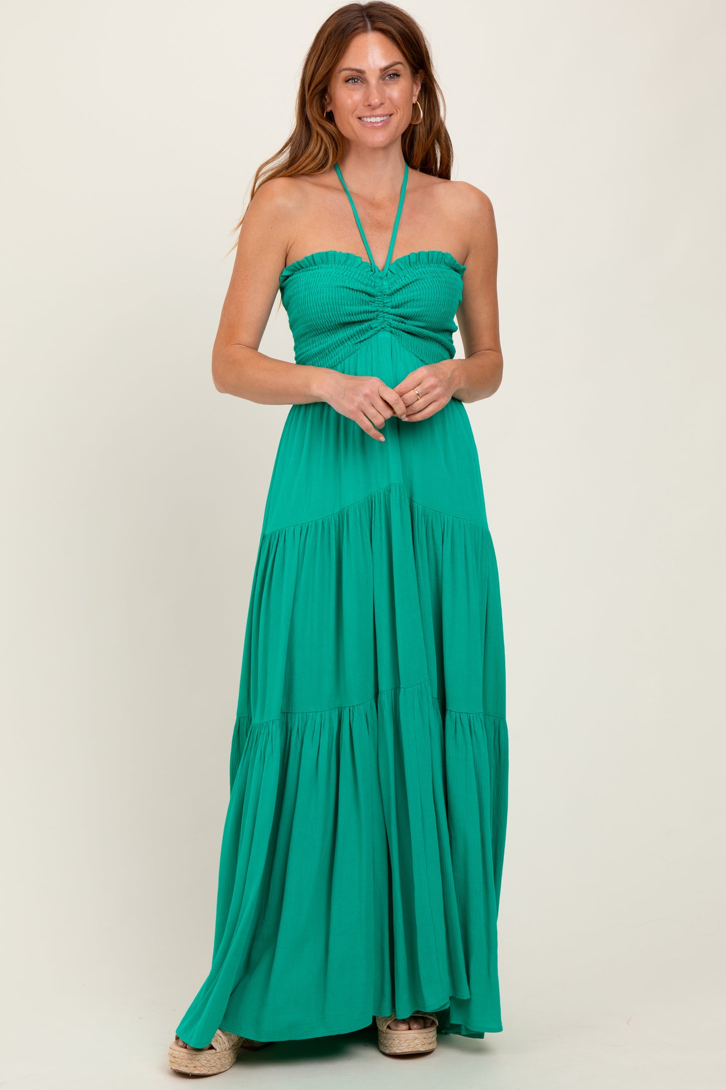 Green Smocked Halter Tiered Maternity Maxi Dress