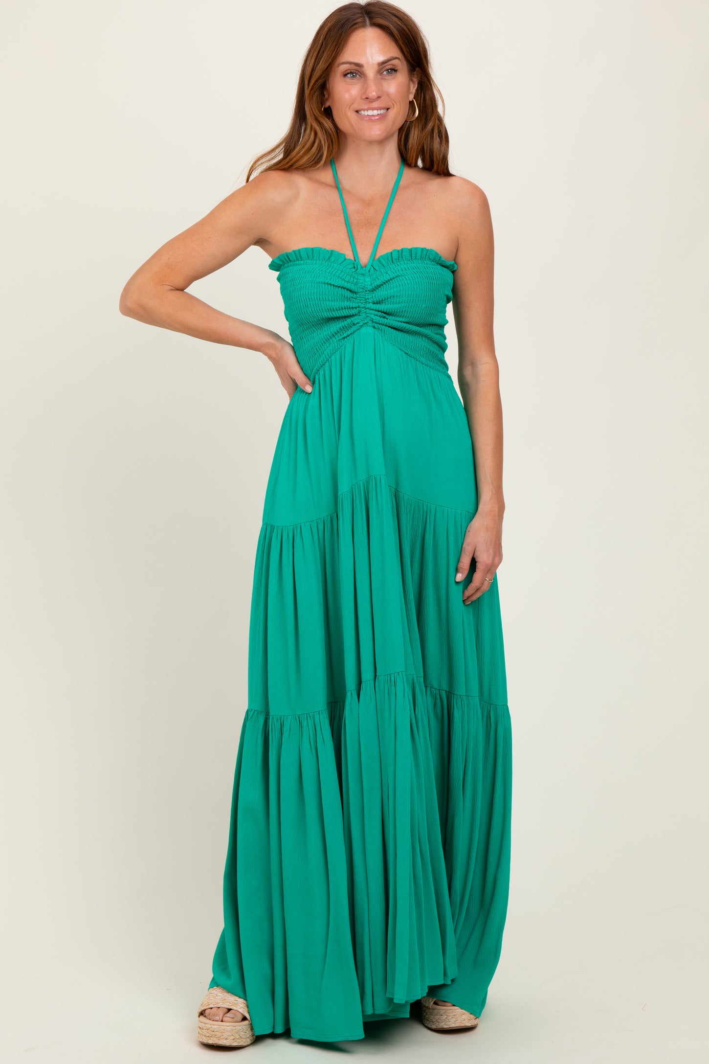 Green Smocked Halter Tiered Maxi Dress