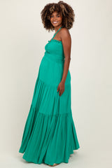 Green Smocked Halter Tiered Maternity Maxi Dress