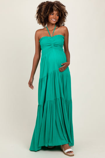 Green Smocked Halter Tiered Maternity Maxi Dress