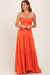 Orange Smocked Halter Tiered Maxi Dress