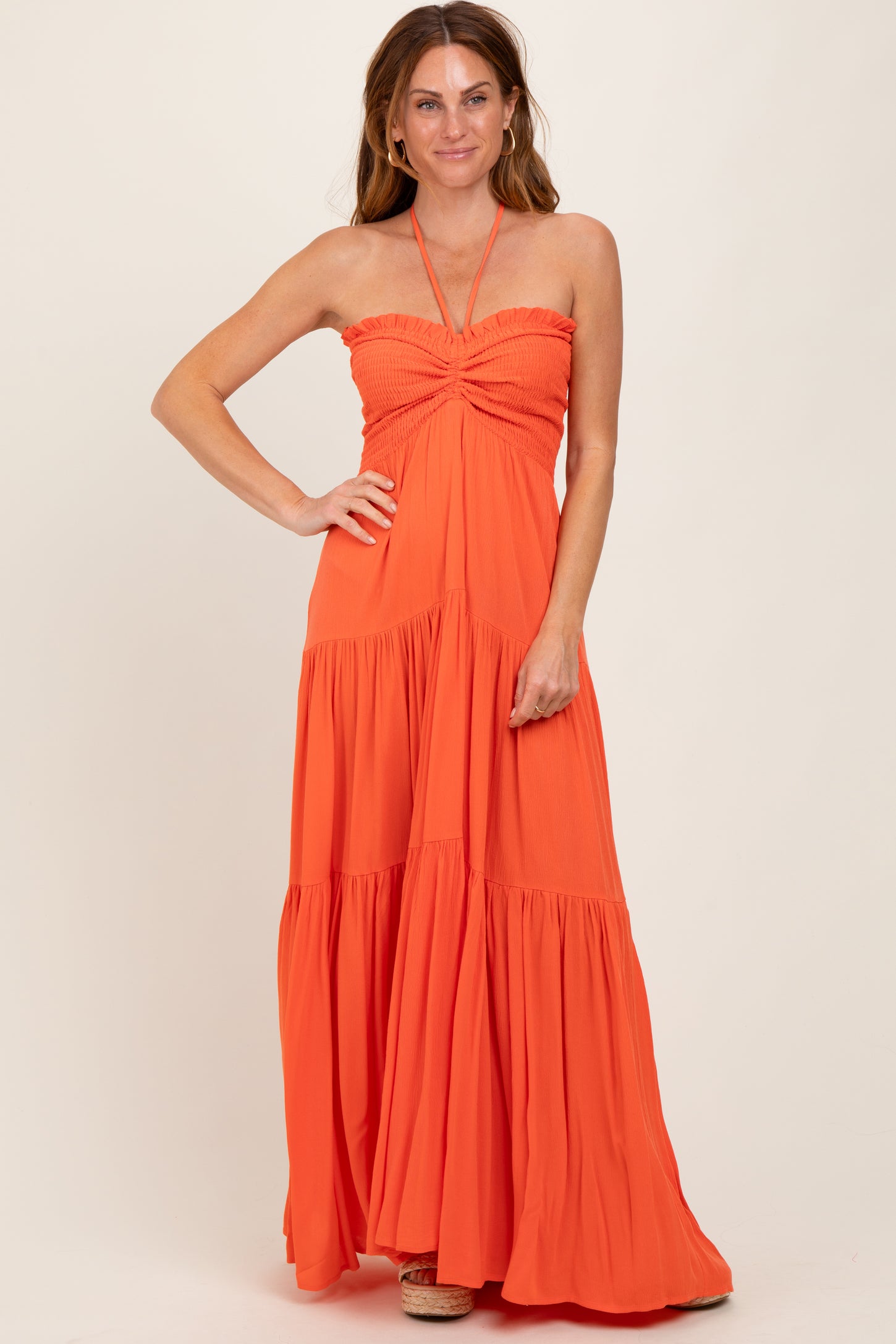 Orange Smocked Halter Tiered Maxi Dress