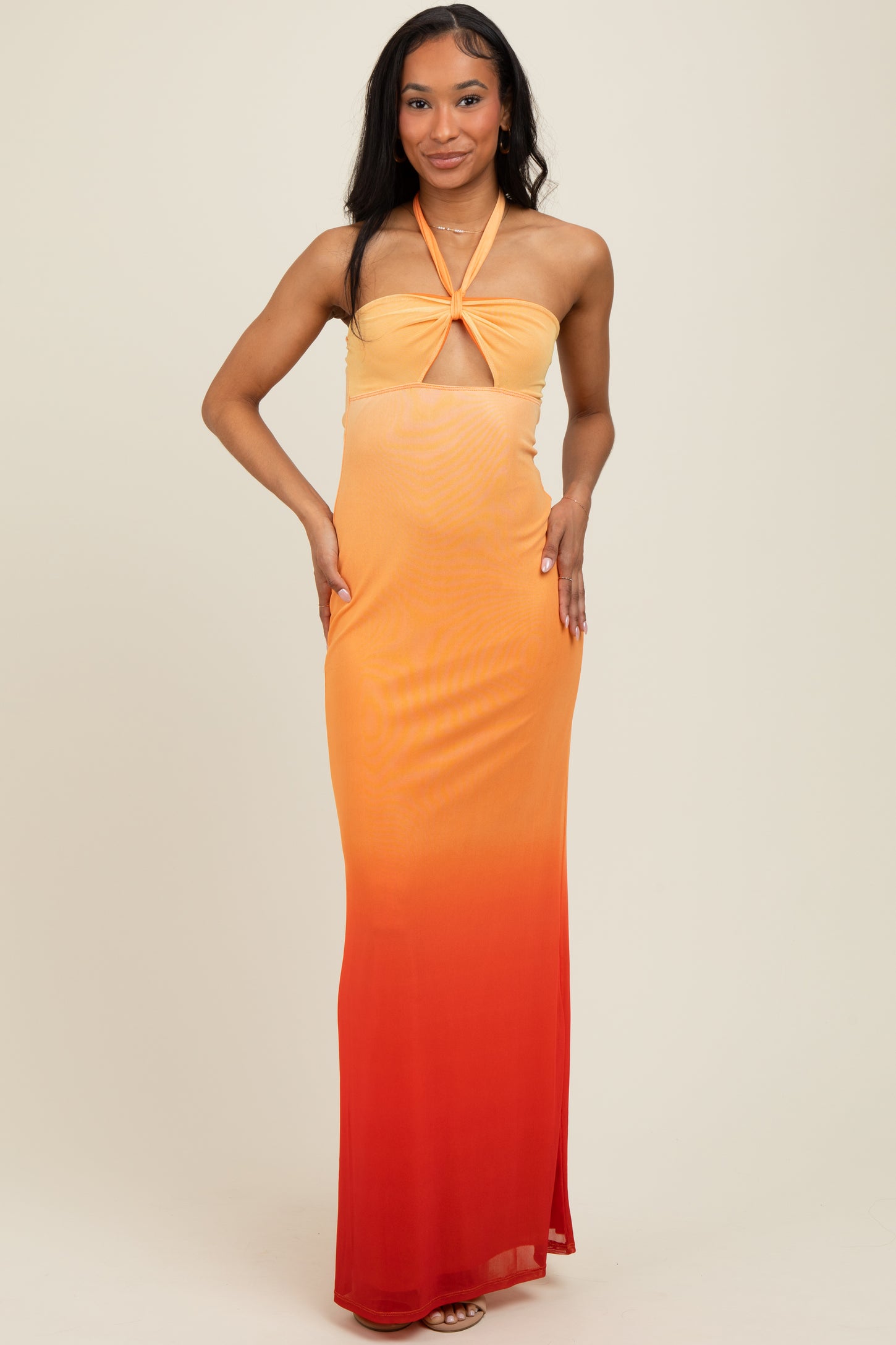 Peach Ombre Halter Neck Cutout Maxi Dress