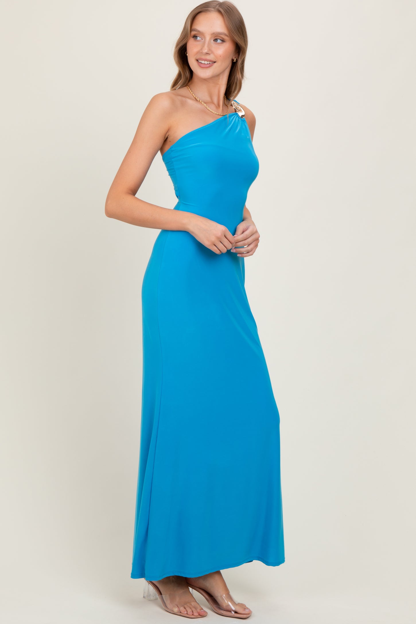 Blue One Shoulder Pendant Cutout Maxi Dress