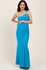 Blue One Shoulder Pendant Cutout Maternity Maxi Dress