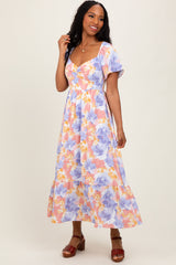 Coral/Purple Floral Flare Sleeve Tiered Maternity Maxi Dress