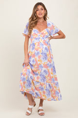 Coral/Purple Floral Flare Sleeve Tiered Maternity Maxi Dress