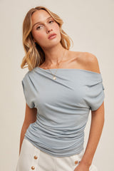Light Blue Asymmetrical Neck Line Ruched Knit Maternity Top