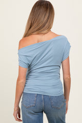 Light Blue Asymmetrical Neck Line Ruched Knit Maternity Top
