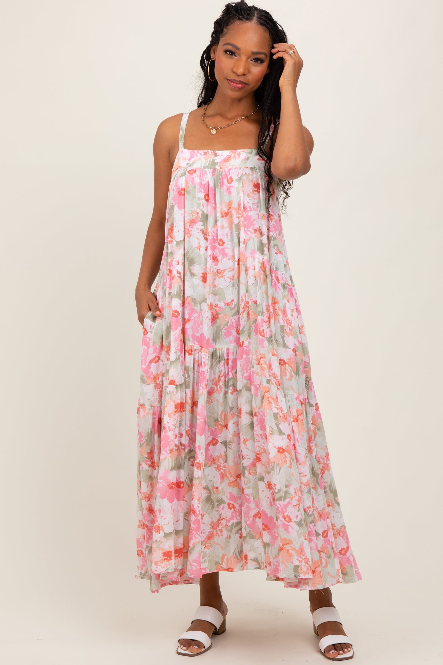 Olive/Fuchsia Tropical Floral Tiered Maxi Dress