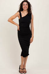 Black Asymmetrical Neckline Ruched Maternity Midi Dress