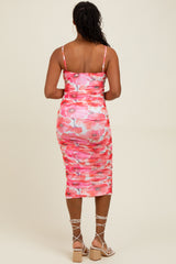 Fuchsia Floral Mesh Ruched Maternity Midi Dress