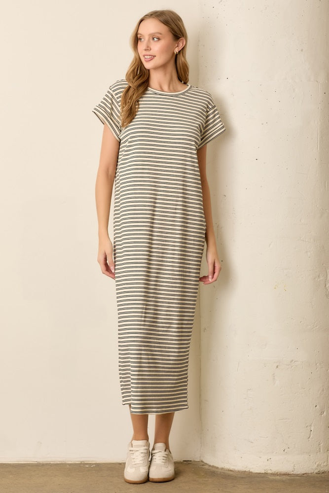 Black Striped Midi T-Shirt Dress