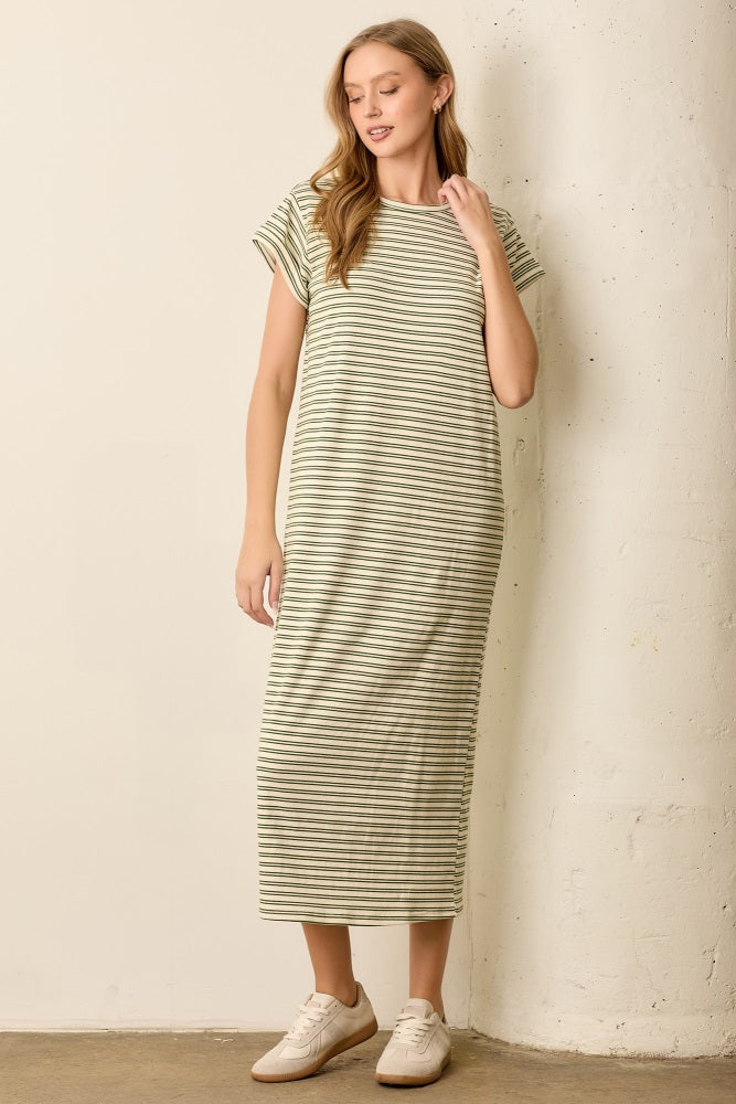 Olive Striped Midi T-Shirt Dress