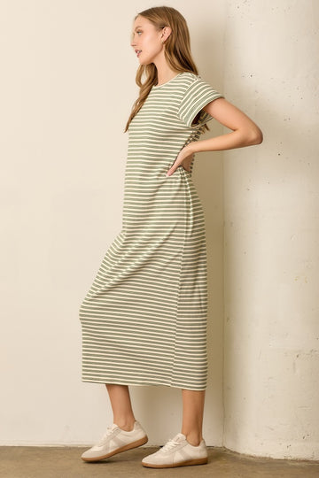 Olive Striped Midi T-Shirt Dress