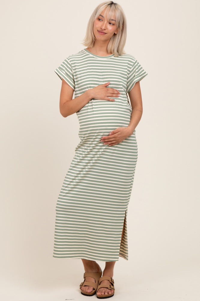 Olive Striped Maternity Midi T-Shirt Dress