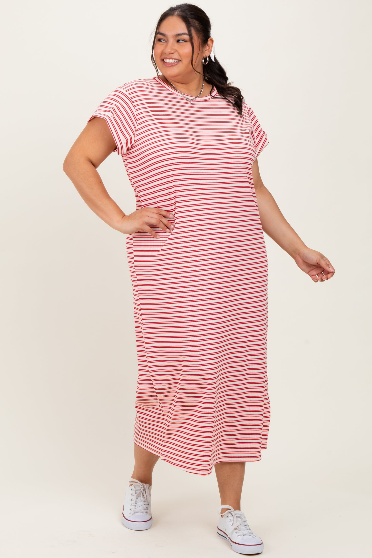 Red Striped Plus Midi T-Shirt Dress