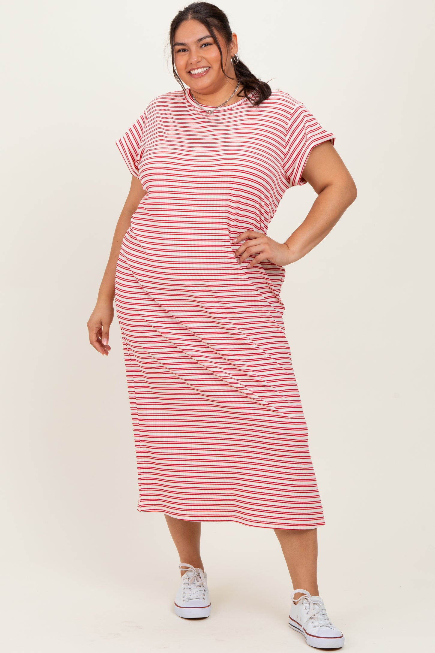 Red Striped Plus Midi T-Shirt Dress