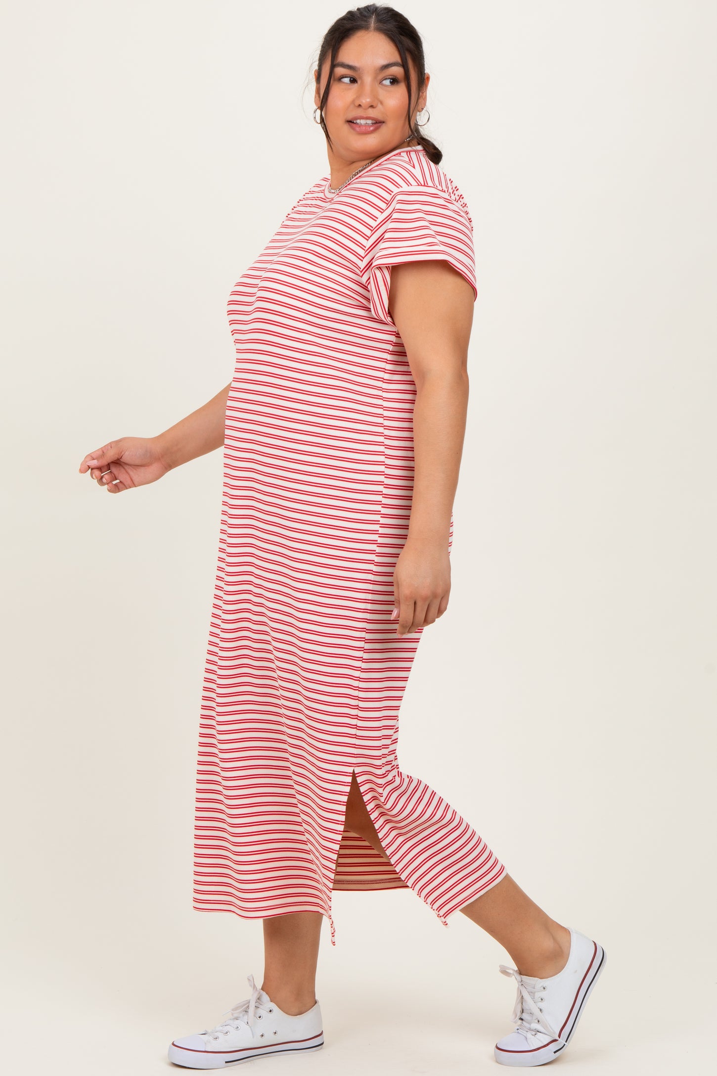 Red Striped Plus Midi T-Shirt Dress