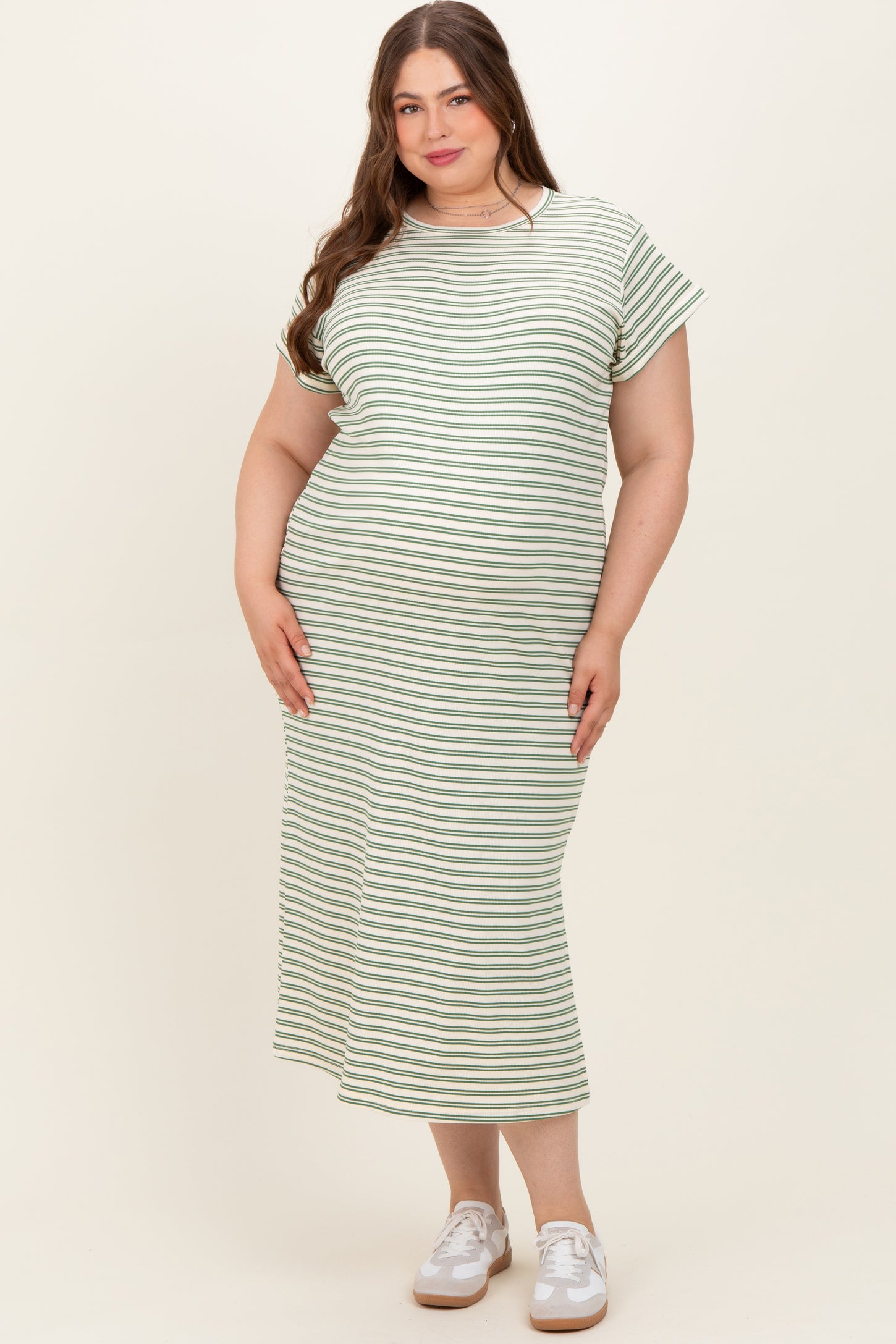 Olive Striped Maternity Plus Midi T-Shirt Dress