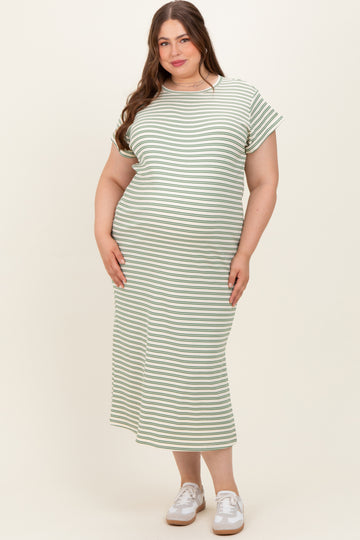 Olive Striped Maternity Plus Midi T-Shirt Dress