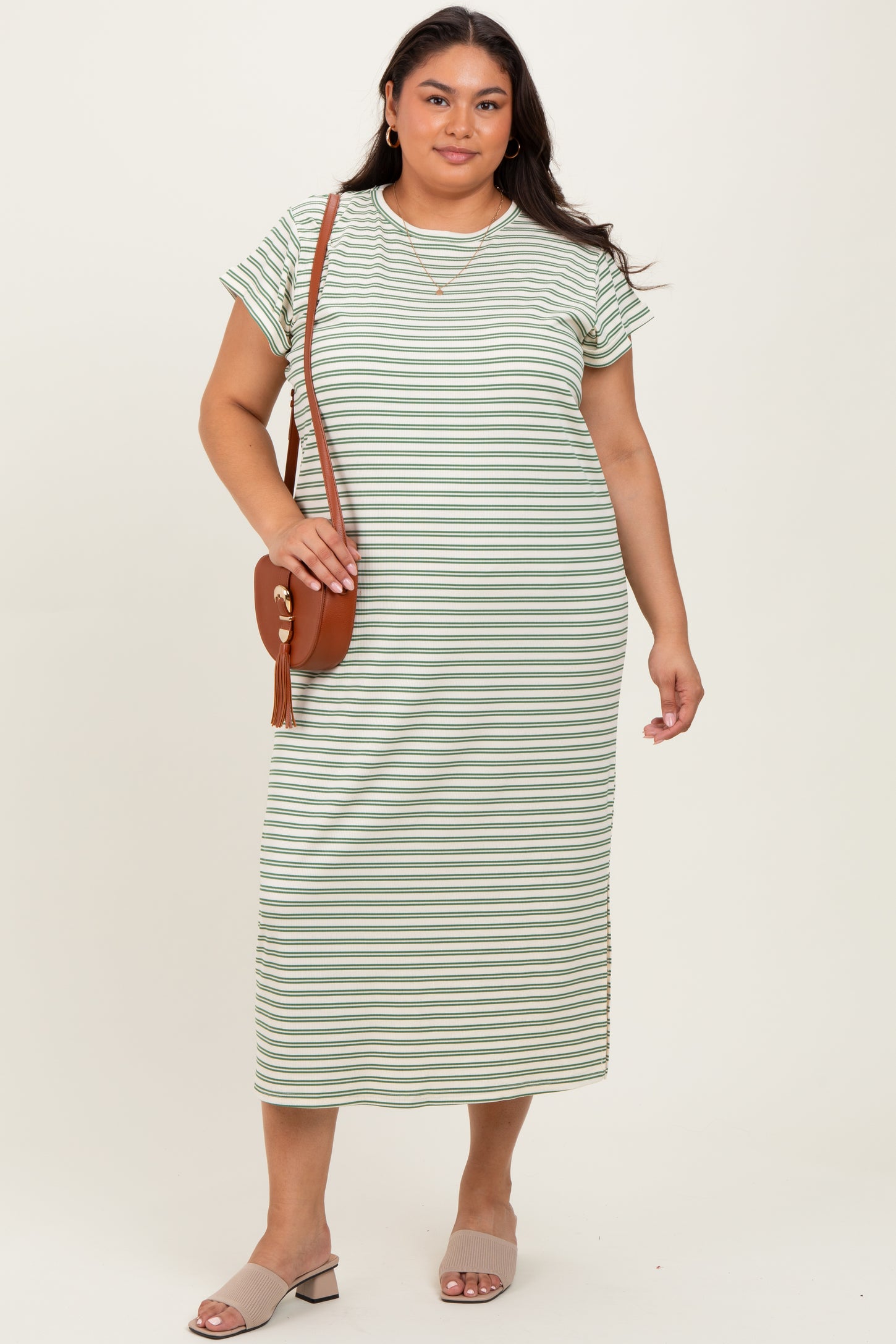 Olive Striped Plus Midi T-Shirt Dress