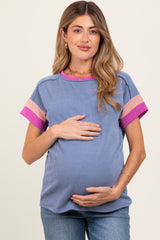 Blue Ribbed Colorblock Detail Maternity Short Sleeve Top