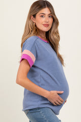 Blue Ribbed Colorblock Detail Maternity Short Sleeve Top