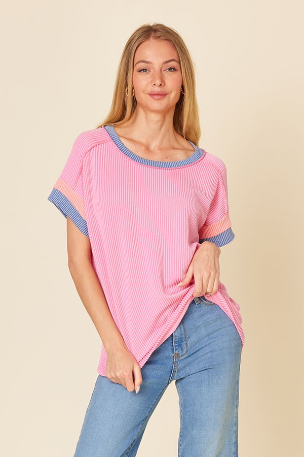 Pink Ribbed Colorblock Detail Short Sleeve Top