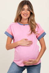 Pink Ribbed Colorblock Detail Maternity Short Sleeve Top