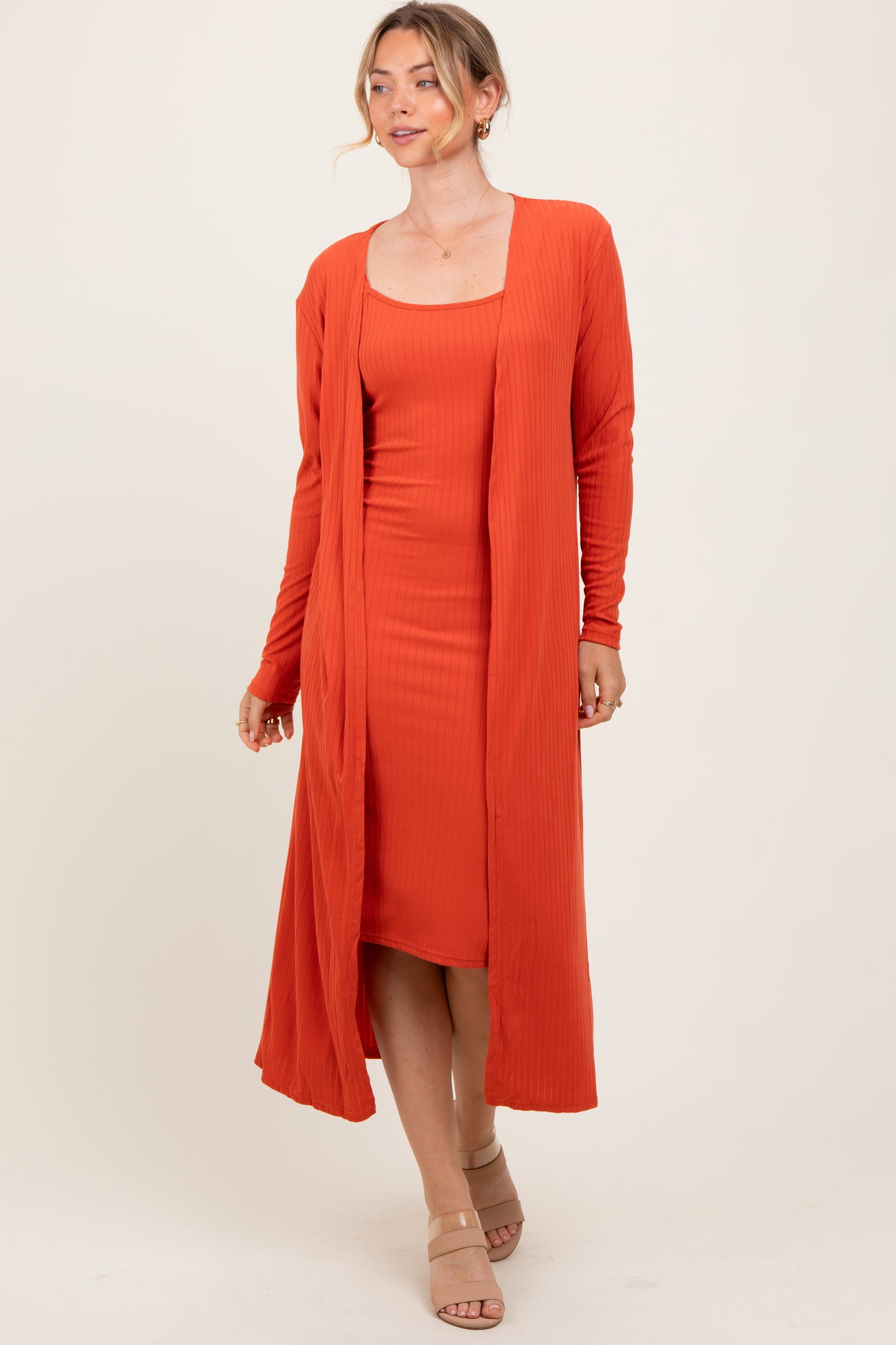 Orange Ribbed Cardigan 2 Piece Set