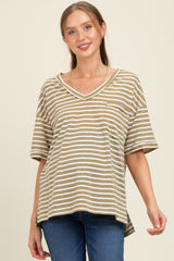 Olive Striped Oversized V-Neck Front Pocket Maternity T-Shirt