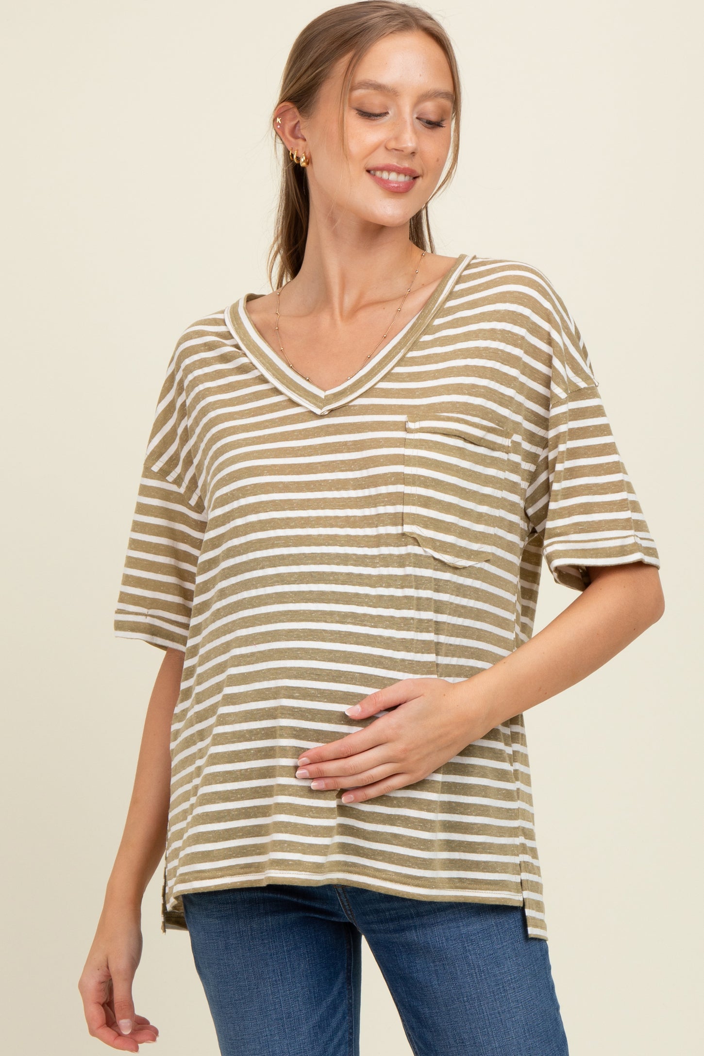Olive Striped Oversized V-Neck Front Pocket Maternity T-Shirt
