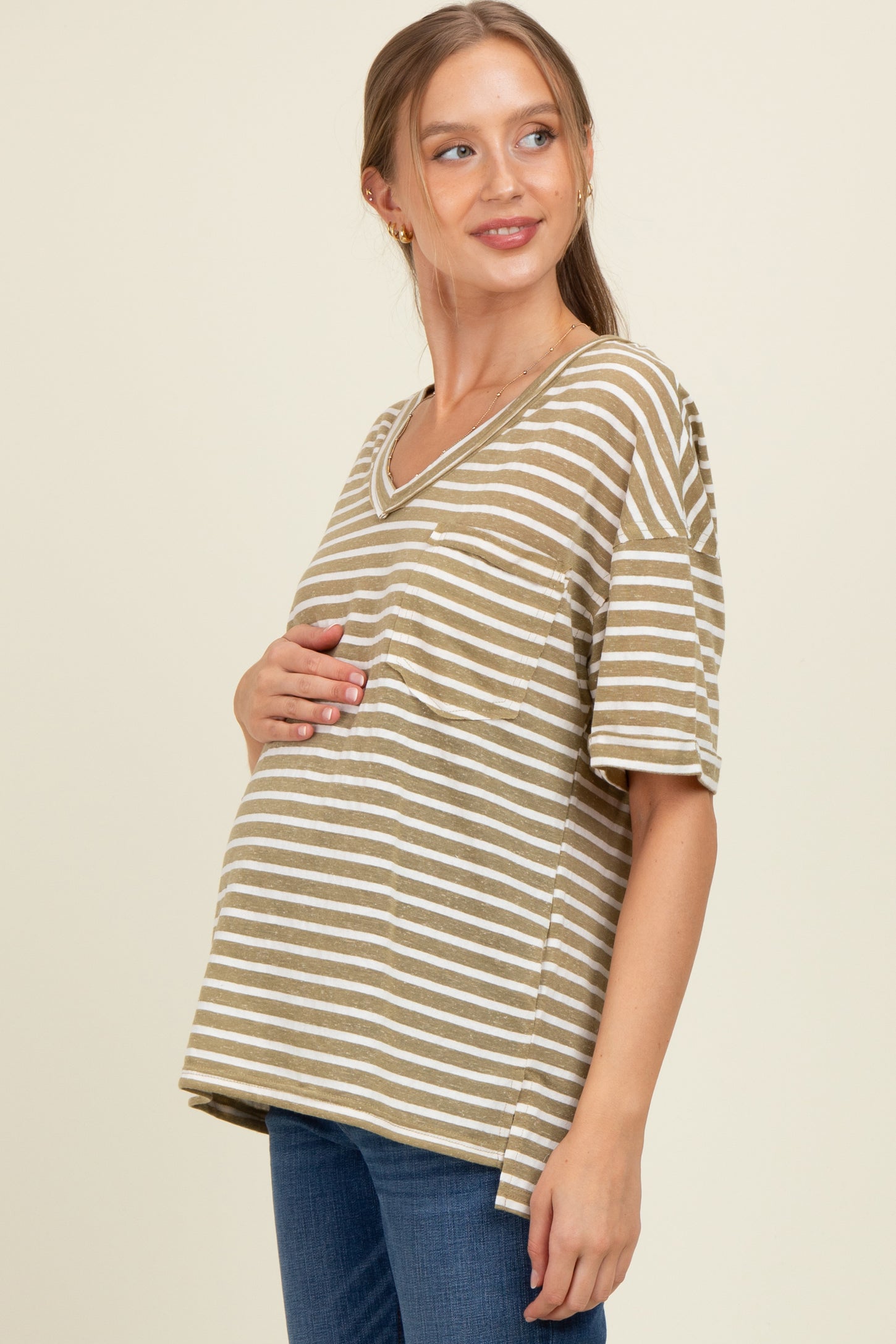 Olive Striped Oversized V-Neck Front Pocket Maternity T-Shirt