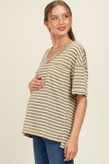 Olive Striped Oversized V-Neck Front Pocket Maternity T-Shirt