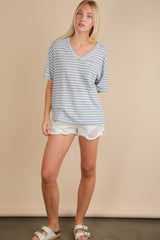 Blue Striped Oversized V-Neck Front Pocket T-Shirt