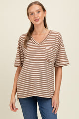 Mocha Striped Oversized V-Neck Front Pocket Maternity T-Shirt