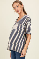 Navy Striped Oversized V-Neck Front Pocket Maternity T-Shirt