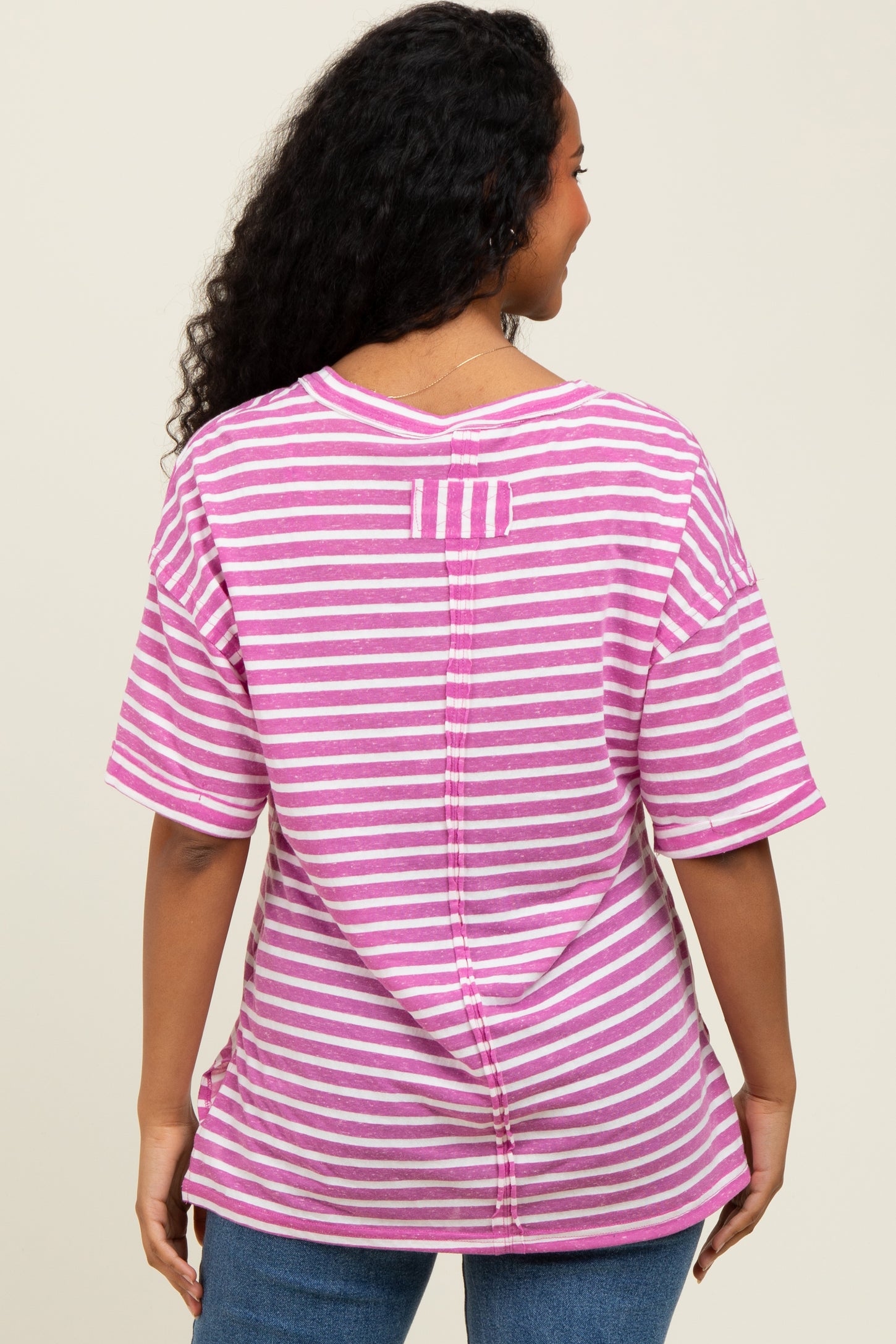 Mauve Striped Oversized V-Neck Front Pocket T-Shirt