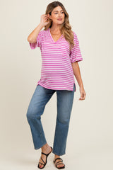 Mauve Striped Oversized V-Neck Front Pocket Maternity T-Shirt