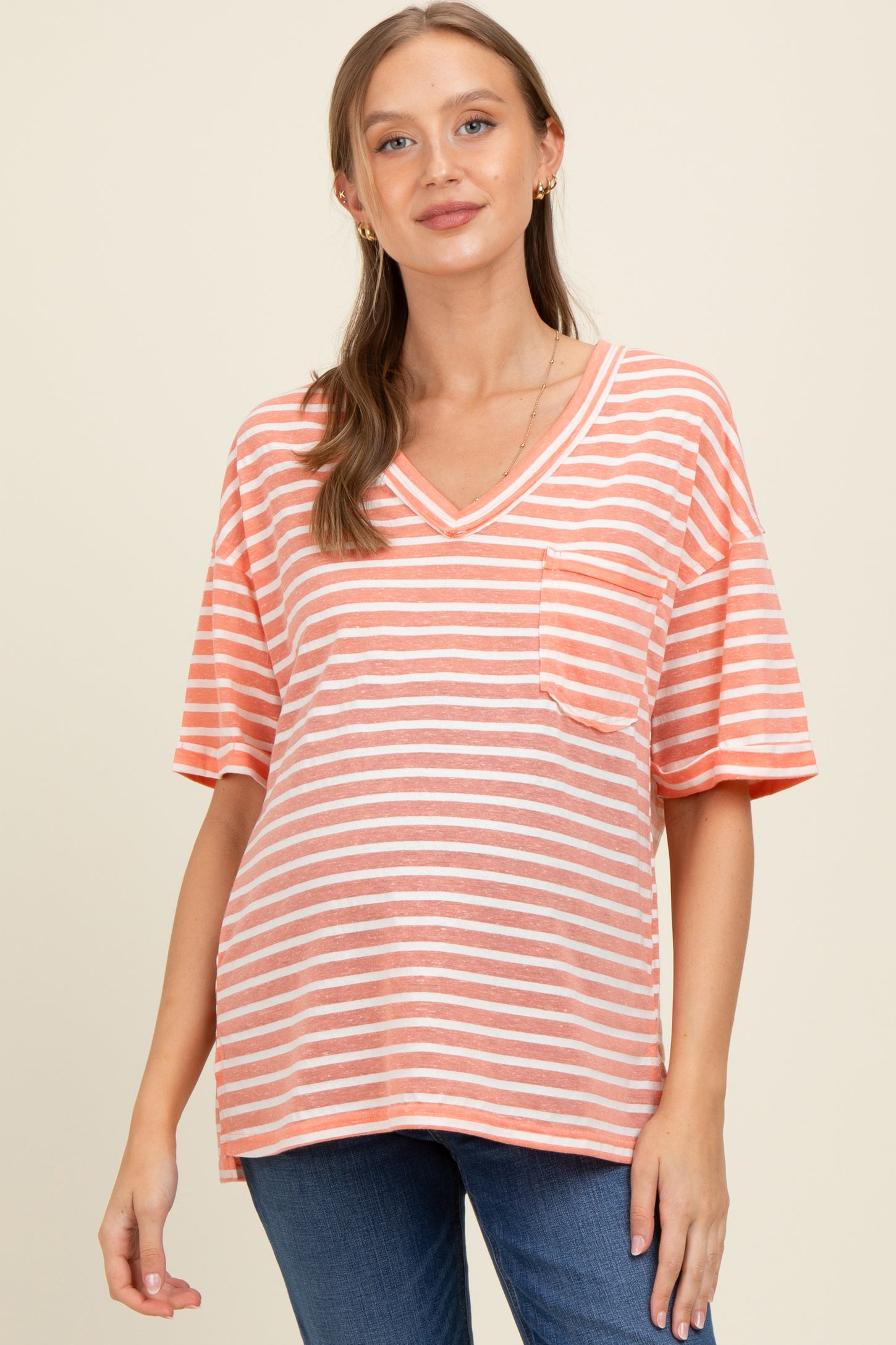 Peach Striped Oversized V-Neck Front Pocket Maternity T-Shirt